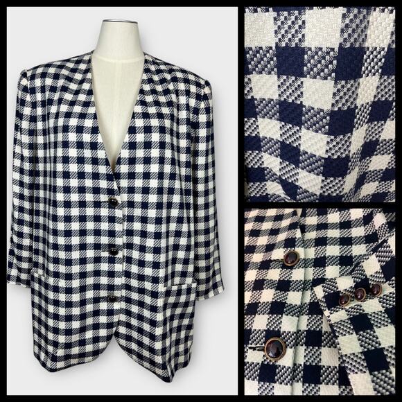 Vintage 80s Kathryn Deene NY Blue White Plaid Check Oversized Blazer Preppy 28 - Picture 1 of 8